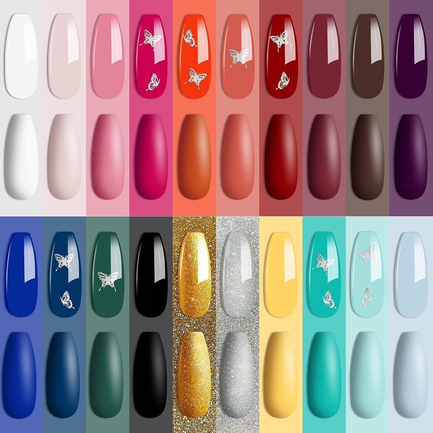 YTD Likomey Gel Nail Polish Set,20 Colors with 4 Pcs Base and Top Coat Kit,Classic Color and Butterfly Stickers Starter Manicure Kit,Green Blue Brown Gold Silver Red Soak Off UV Gel,Size:6ml 0.2fl.oz