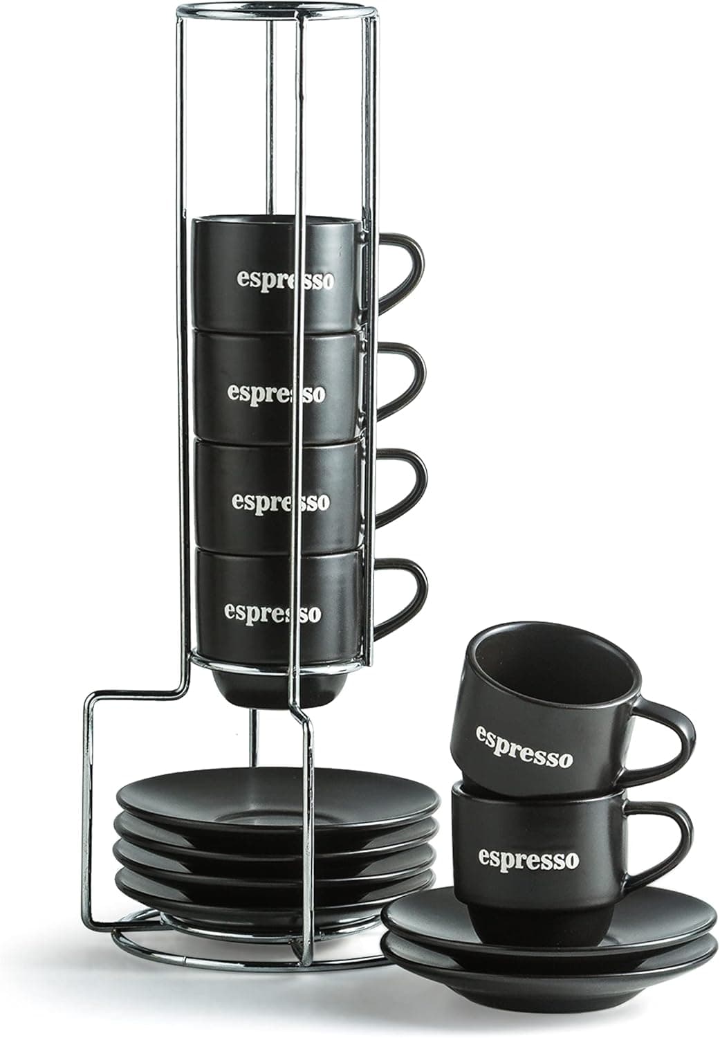 Espresso Cups with Saucers and Cup Holder, 4 Ounces Coffee Cups Set for Cappuccino Latte Cafe Mocha and Tea Coffee, Set of 6, Housewarming Gifts, Father Day Gifts, Black
