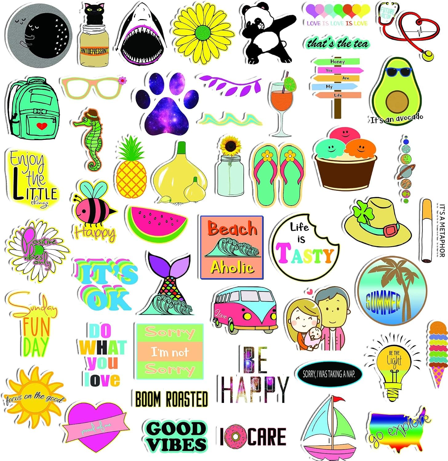 TreeArm Stickers Set of 50 Cute Vsco Stickers, Laminated Water Proof Reusable Vinyl Material Water Bottle Stickers Pack of 50x for Teens Hydro Flask, Girls Water Bottle, 2.0-3.0 Inch Size