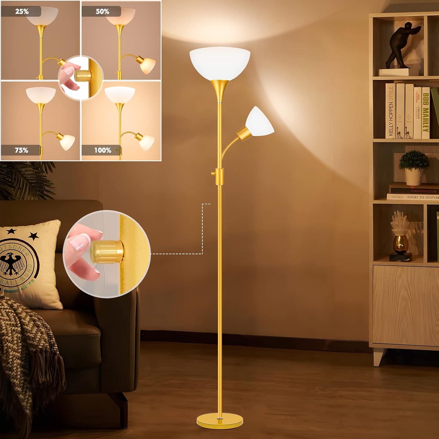 Dimmable Floor Lamp, 0%-100% Stepless Dimming,Rotary Switch,9W LED Torchiere Floor Lamp with 9W Adjustable Modern Tall Standing Lamps,Adjustable Gooseneck Reading Floor Lamp for Living Room,(Gold)