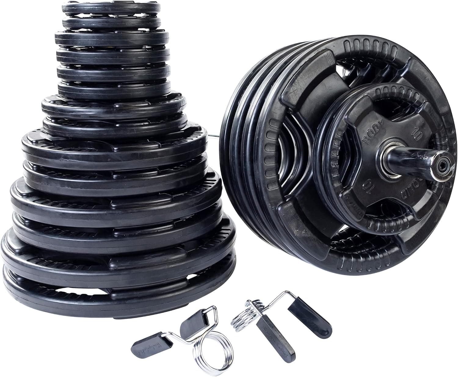 Body Solid #OSR500S Rubber Grip Olympic Weight Plate Set, Chrome Bar
