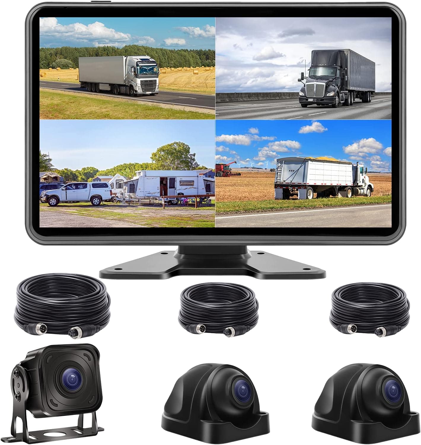 Wired Backup Camera System with 10.1’’ IPS Monitor for Truck RV Bus Trailer,Touch Screen, with Side View Camera, 3 Camera, 4 Split Screen, IP68 Waterproof, Night Vision, Easy Installation,AHD 1080P