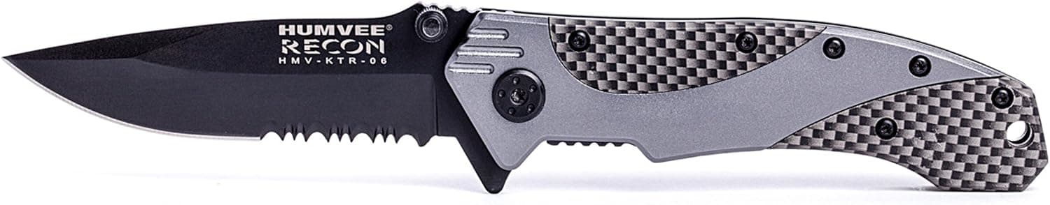 Humvee HMV-KTR-06 Recon 6 Folding Knife with Partially Serrated Stainless Steel Blade and Metal Pocket Clip, Black and Silver