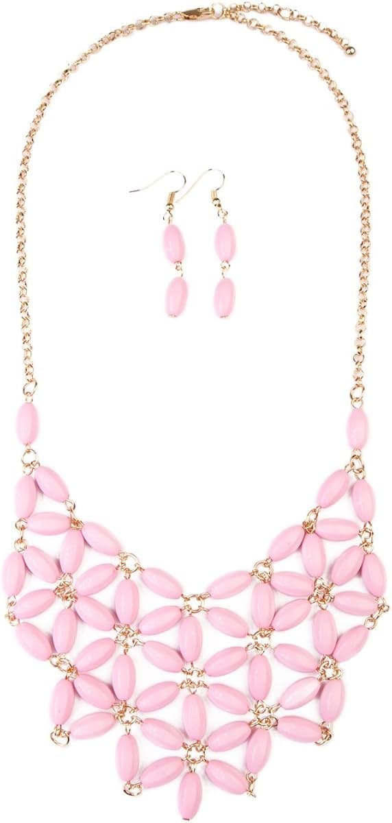 MYS Collection RIAH Fashion Floral Pattern Beaded Bubble Statement Bib Necklace - Tessellate Net Bead Fashion Statement Jewelry for Women (Pink)