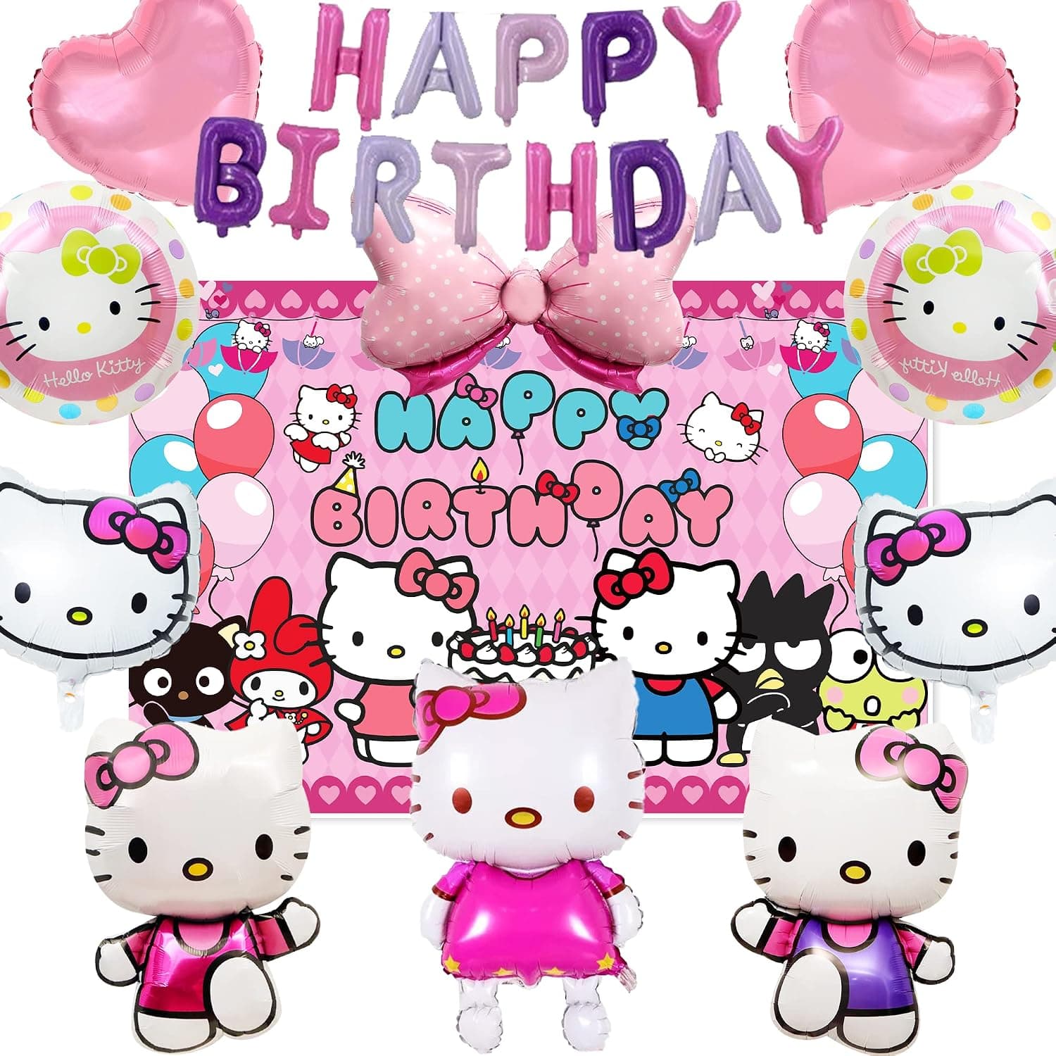 Kitten Birthday Party Balloons Supplies Cartoon Party Decorations Include Backdrop, Foil Balloons, Heart Balloons, Butterfly Balloon, Cat Head Balloon, Banner, Birthday Balloons for Girls