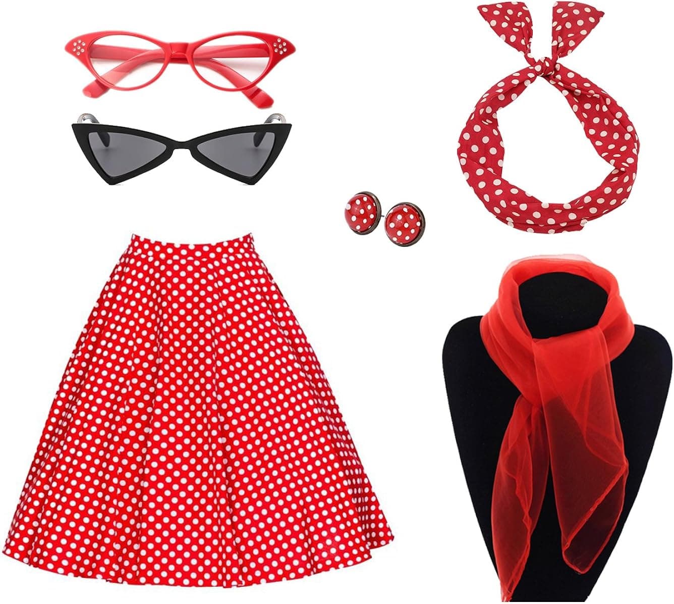 Charm.L Grace Costume Women's 50's Costume Accessories Set Vintage Dot Skirt Scarf Headband Earrings Cat Eye Glasses