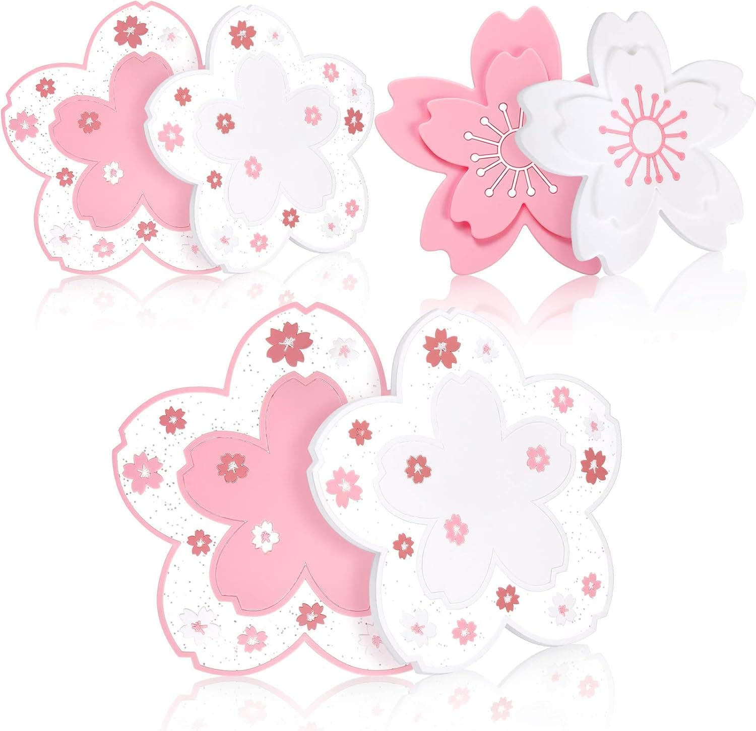 2 Pieces Sakura Pot Mat and 4 Pieces Cute Coaster Cute Coaster Sakura PVC Coaster Cherry Cup Coaster Anti-Skid Insulation Coaster for Beer, Coffee, Tableware Tea, 2 Sizes, 2 Styles
