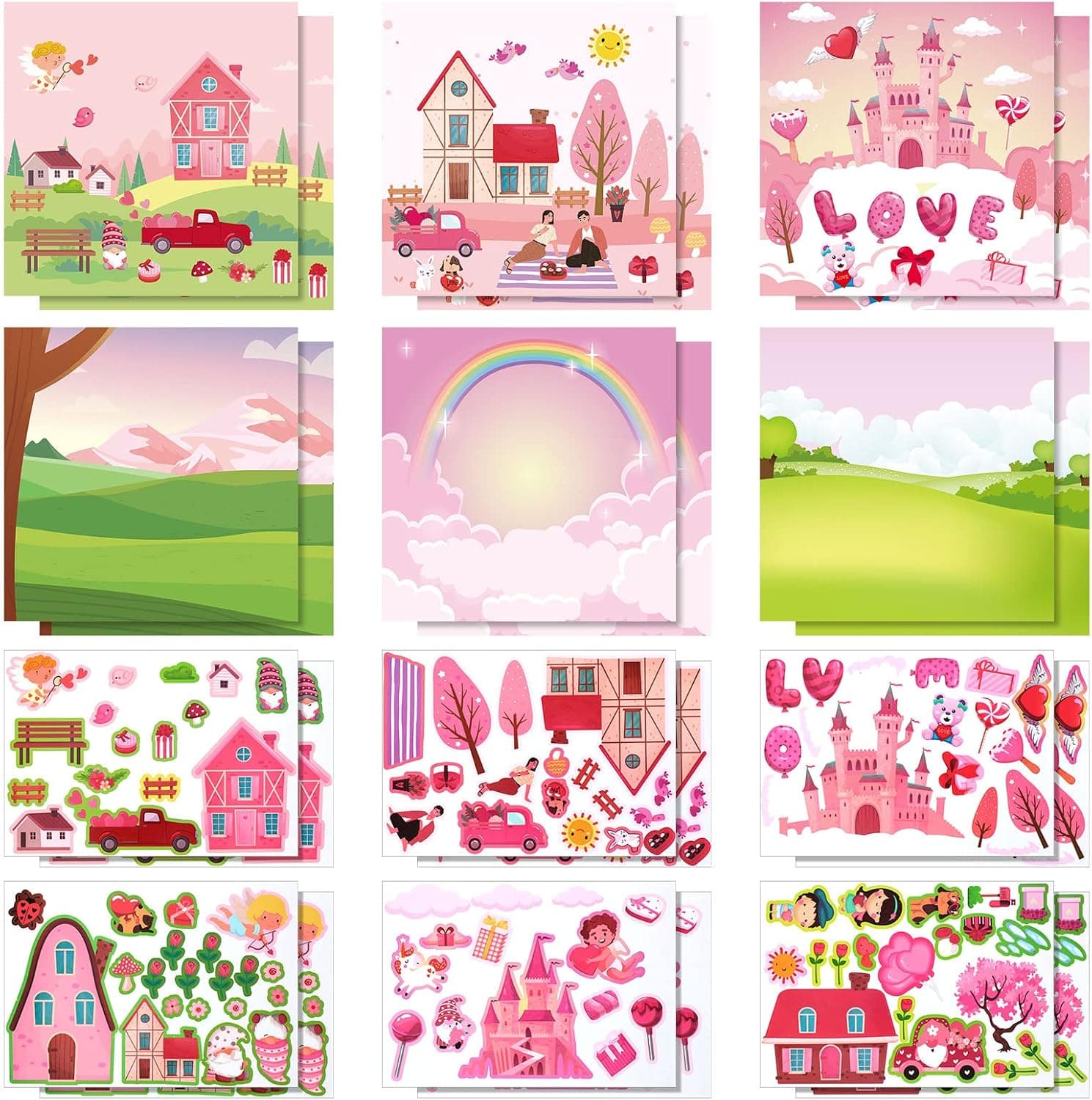 24 Pcs Valentine's Day Stickers Scene for Kids Make Your Own Stickers with Sweet House Scene Cardboard with Heart Cupid Elf Bird for Preschool Classroom DIY Valentine's Day Party Decoration (Romantic)