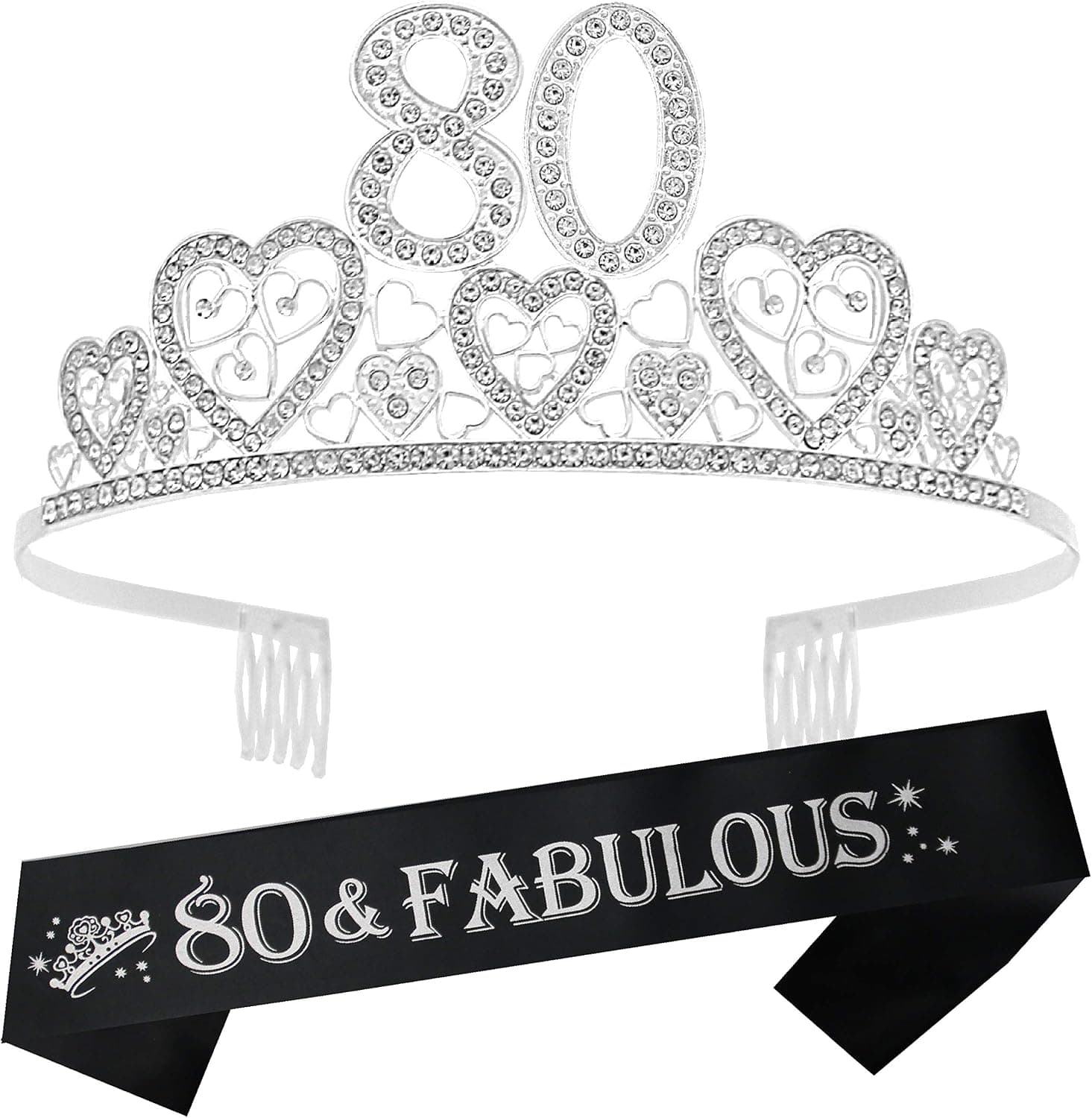 VeryMerryMakering 80th Birthday Sash and Tiara for Women - Fabulous Glitter Sash + Hearts Rhinestone Silver Premium Metal Tiara for Her, 80th Birthday Gifts for 80 Celebration