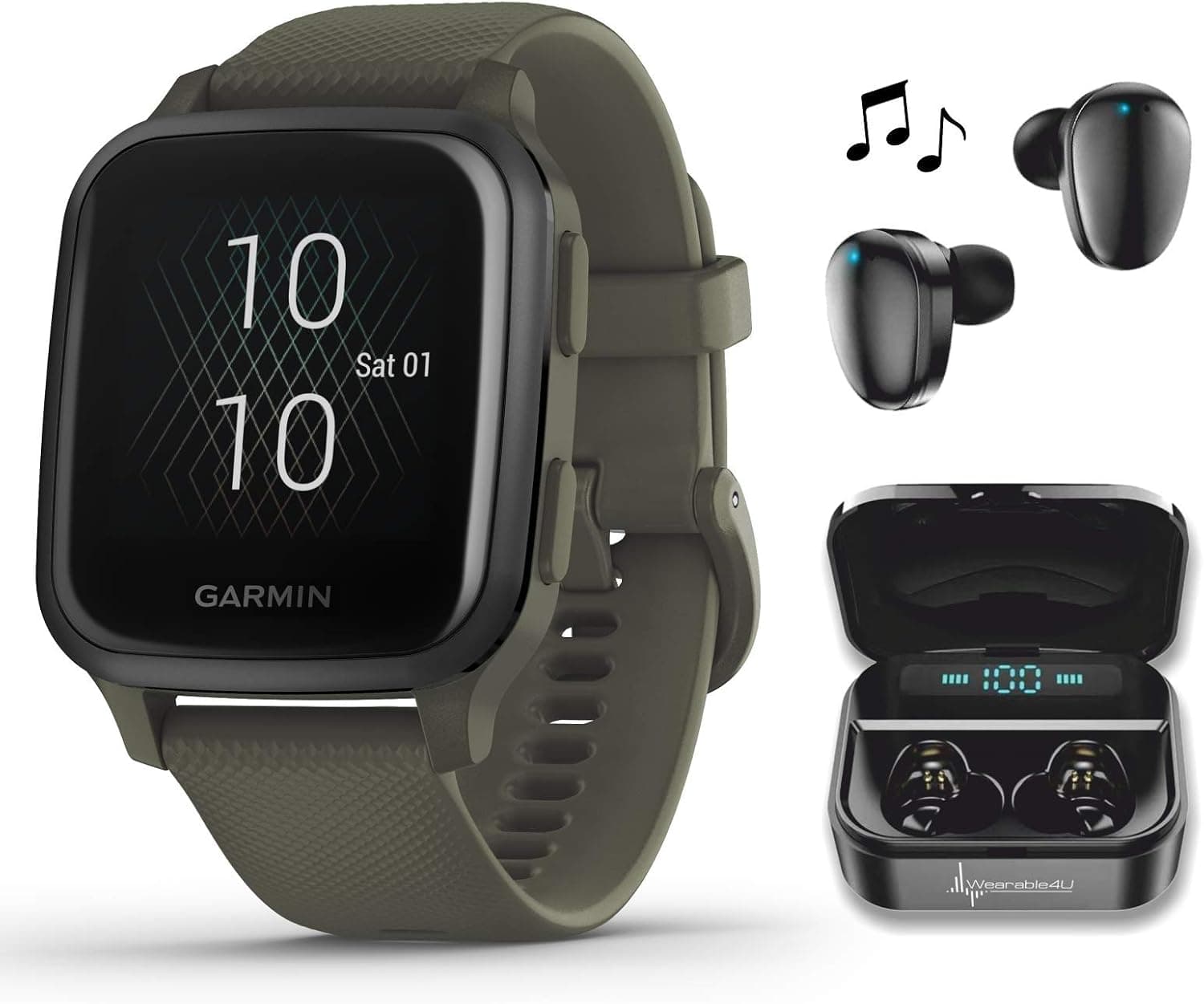 Wearable4U Garmin Venu Sq Music GPS Best Multisport Fitness Smartwatch Moss/Slate Black Earbuds with Charging E-Bank Case Bundle