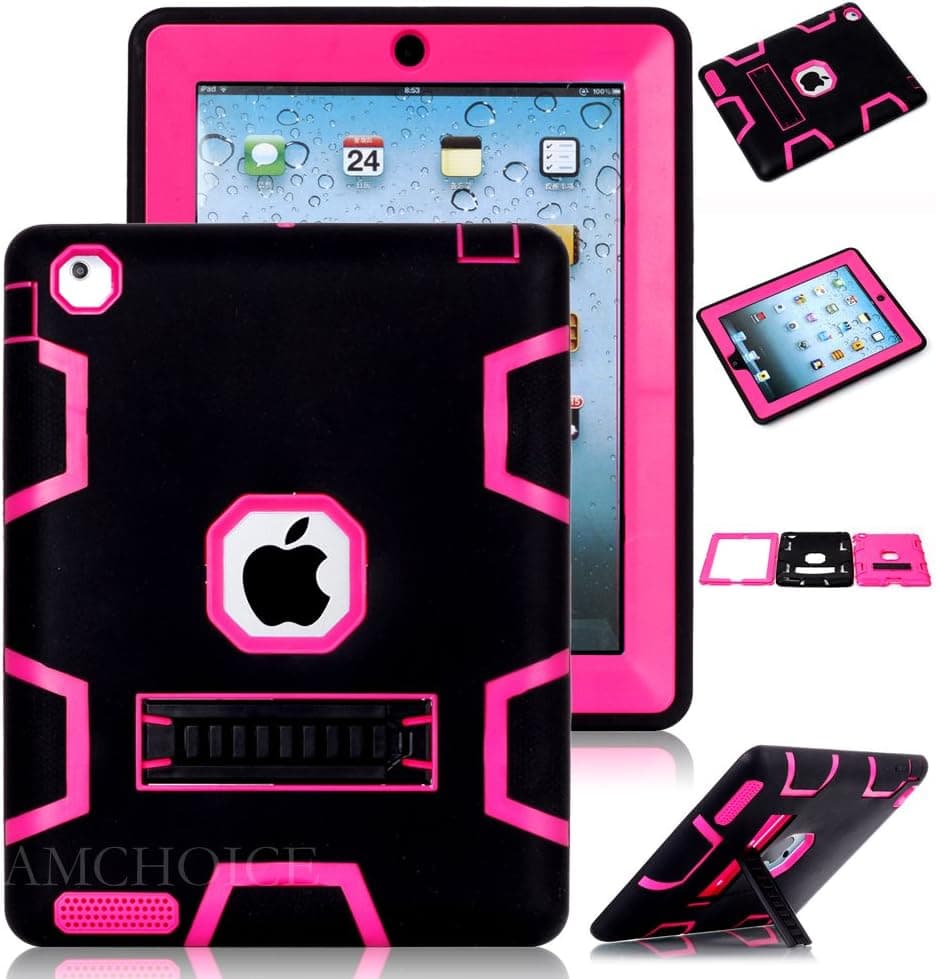 iPad 4 Case,iPad 3 Case AMCHOICE(TM) Full Body Hybrid Silicone&PC 3 Layer High Impact Resistant Armor Defender Cover for Apple iPad 2//3/4 (Black+Rose Red) [Free Stylus]