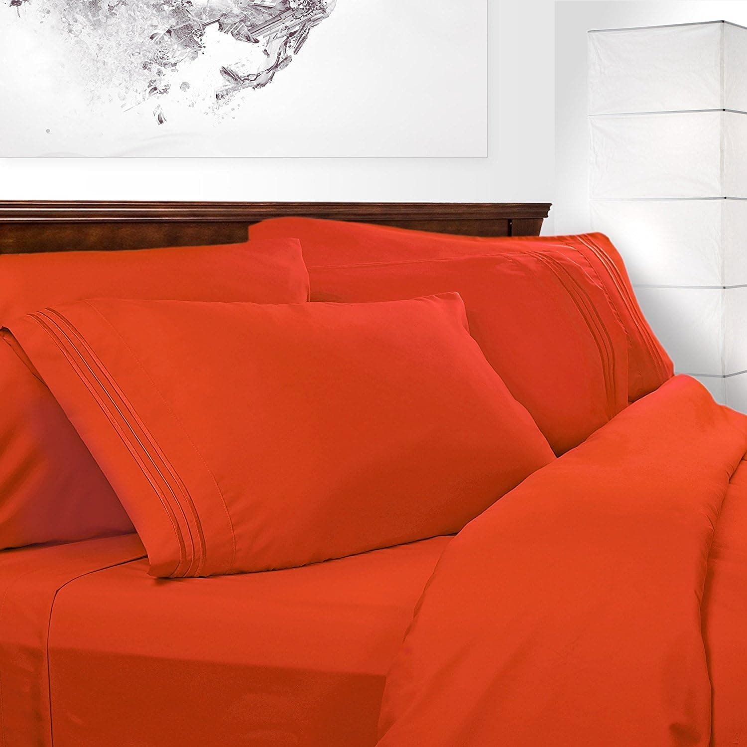 Everydayspecial Luxurious Soft 100% Egyptian 3 Lines Embroidered Comfort Sheet 4pc Set Queen Orange 1800 Series with Deep Pocket Sheet for Mattresses