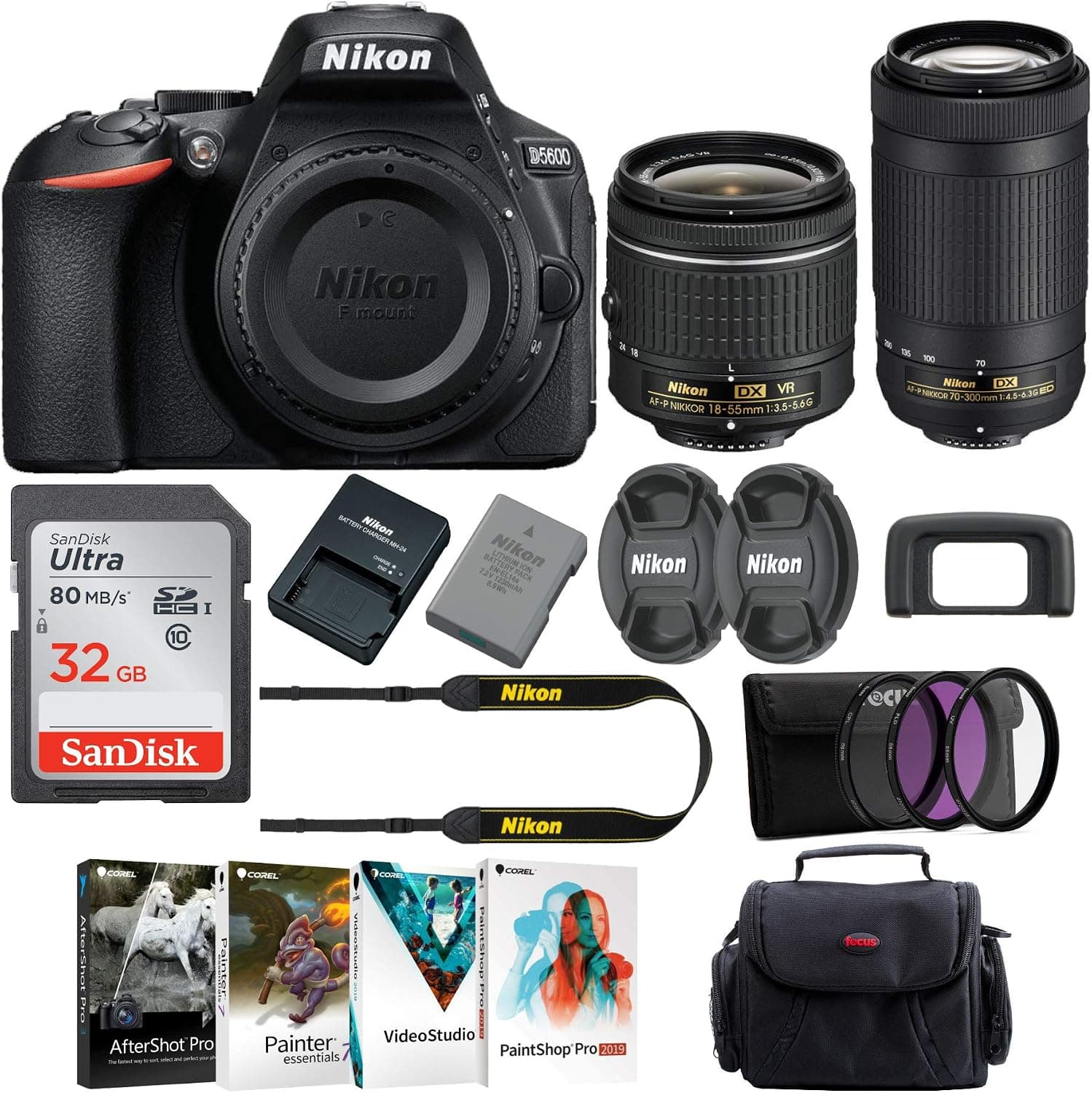 Nikon D5600 DSLR Camera with 18-55mm and 70-300mm Lenses Bundle with 32GB Card and Camera Accessories (6 Items)