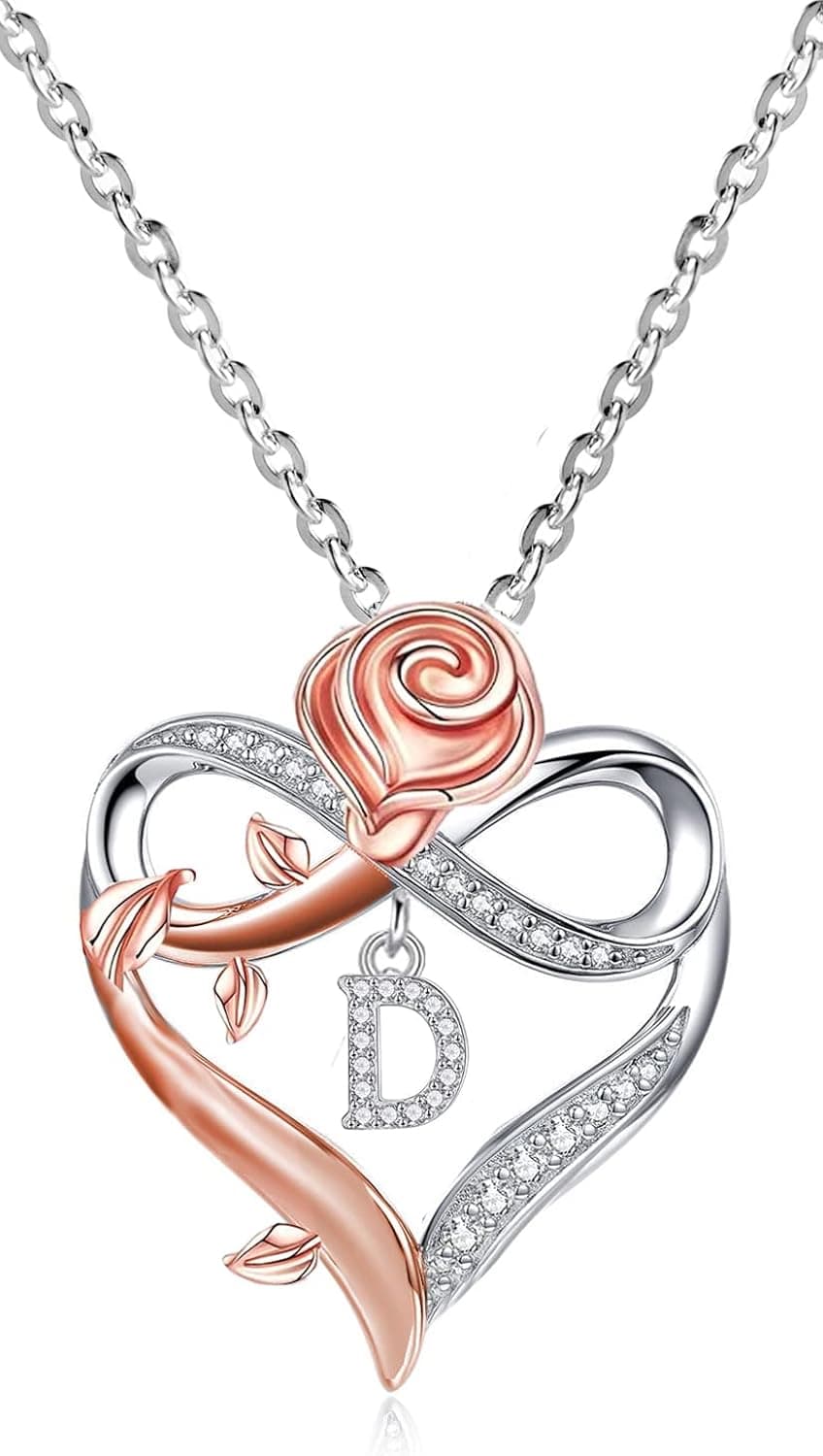 WIGERLON Rose Heart Initial Necklaces for Women,Infinity Love Heart Letter Pendant Necklace CZ A-Z for Teen Girls