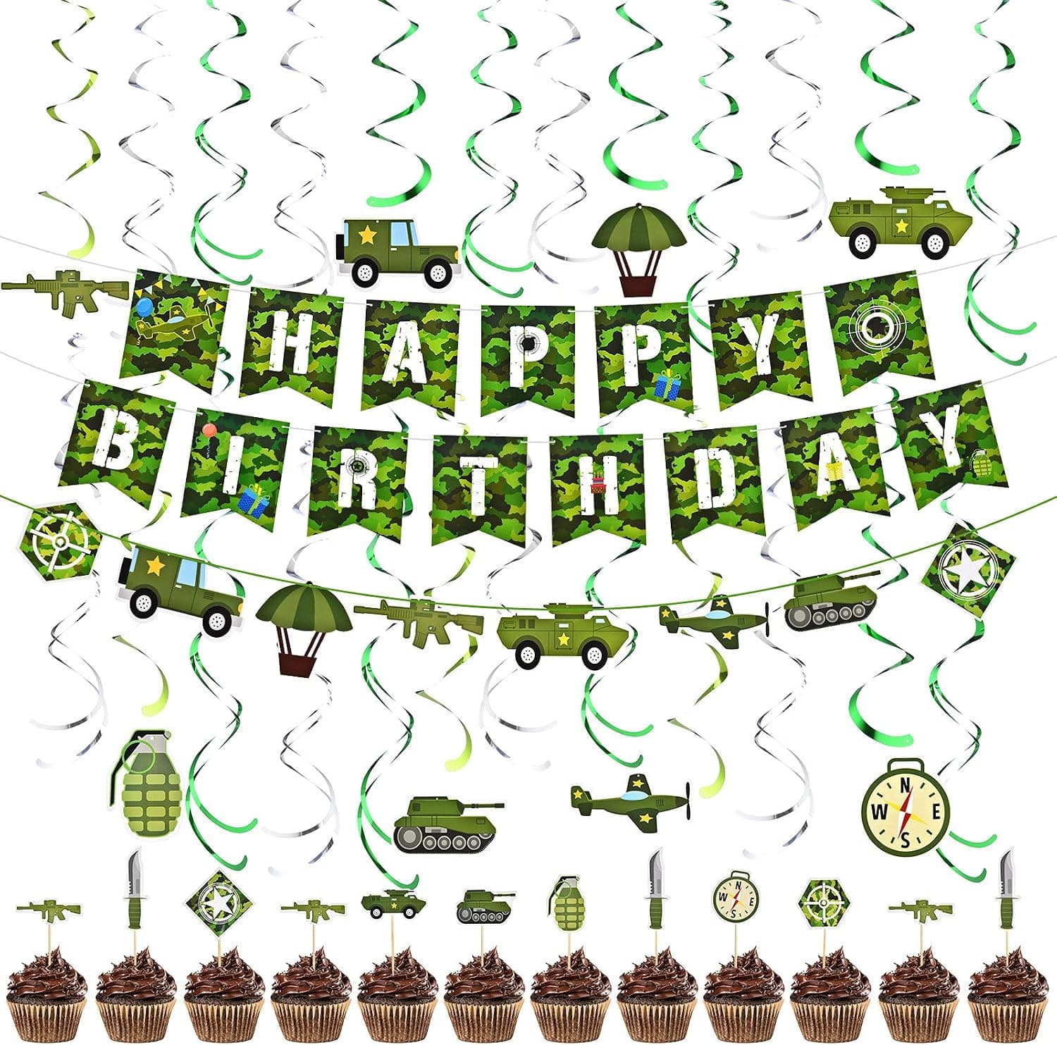 31 Pieces Camouflage Birthday Party Decorations Army Soldier Military Party Supplies Green Camo Happy Birthday Banner Camo Spiral Hanging Swirls Cupcake Toppers