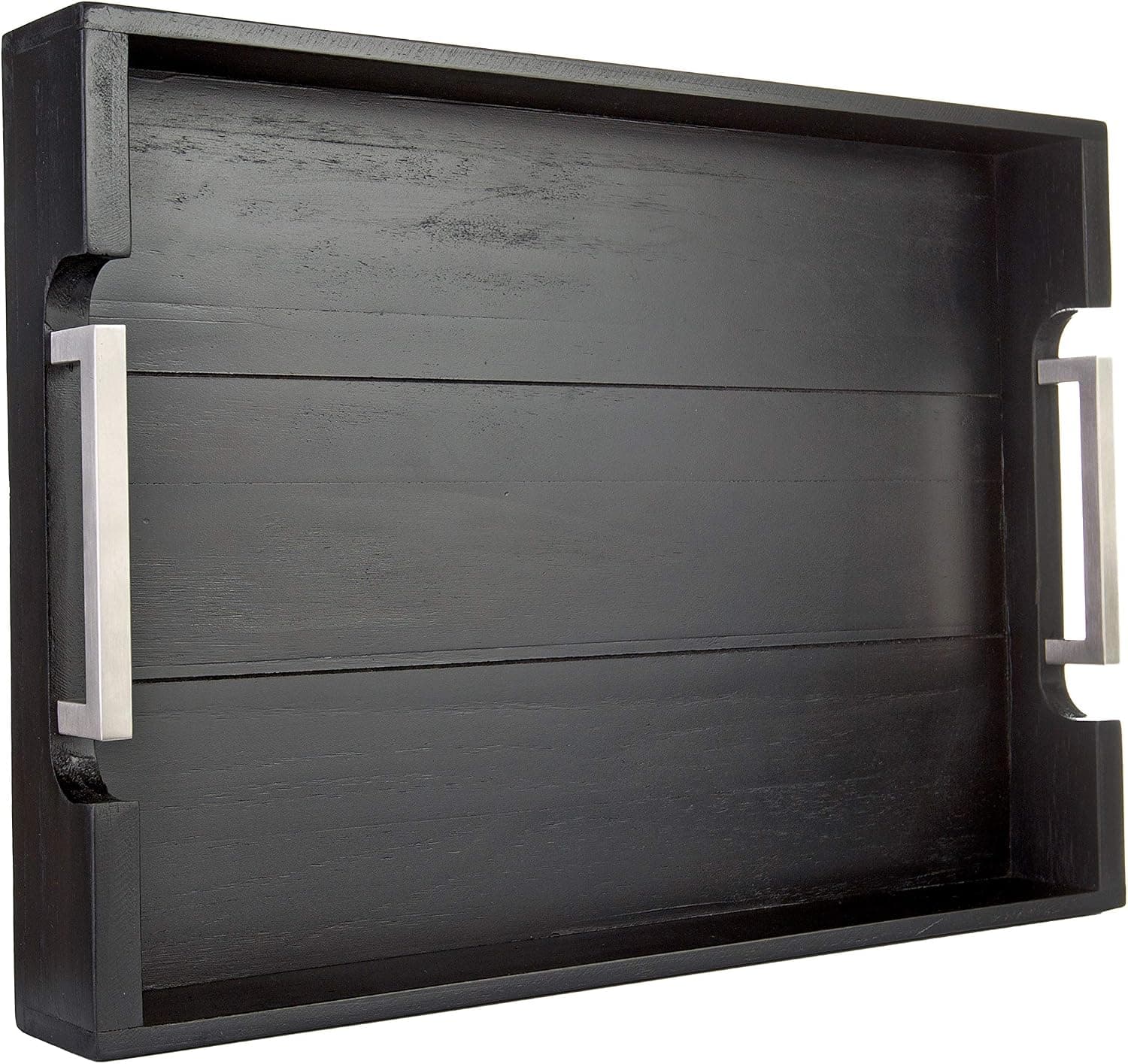 Bison Home Goods Black Grain Wooden Tray, 20-Inch Serving with Modern Stainless Steel Metal Handles, Ideal for Serving Breakfast, Coffee, Dinner, Wine, Appetizer, Bar, and Food, Party or Display Use