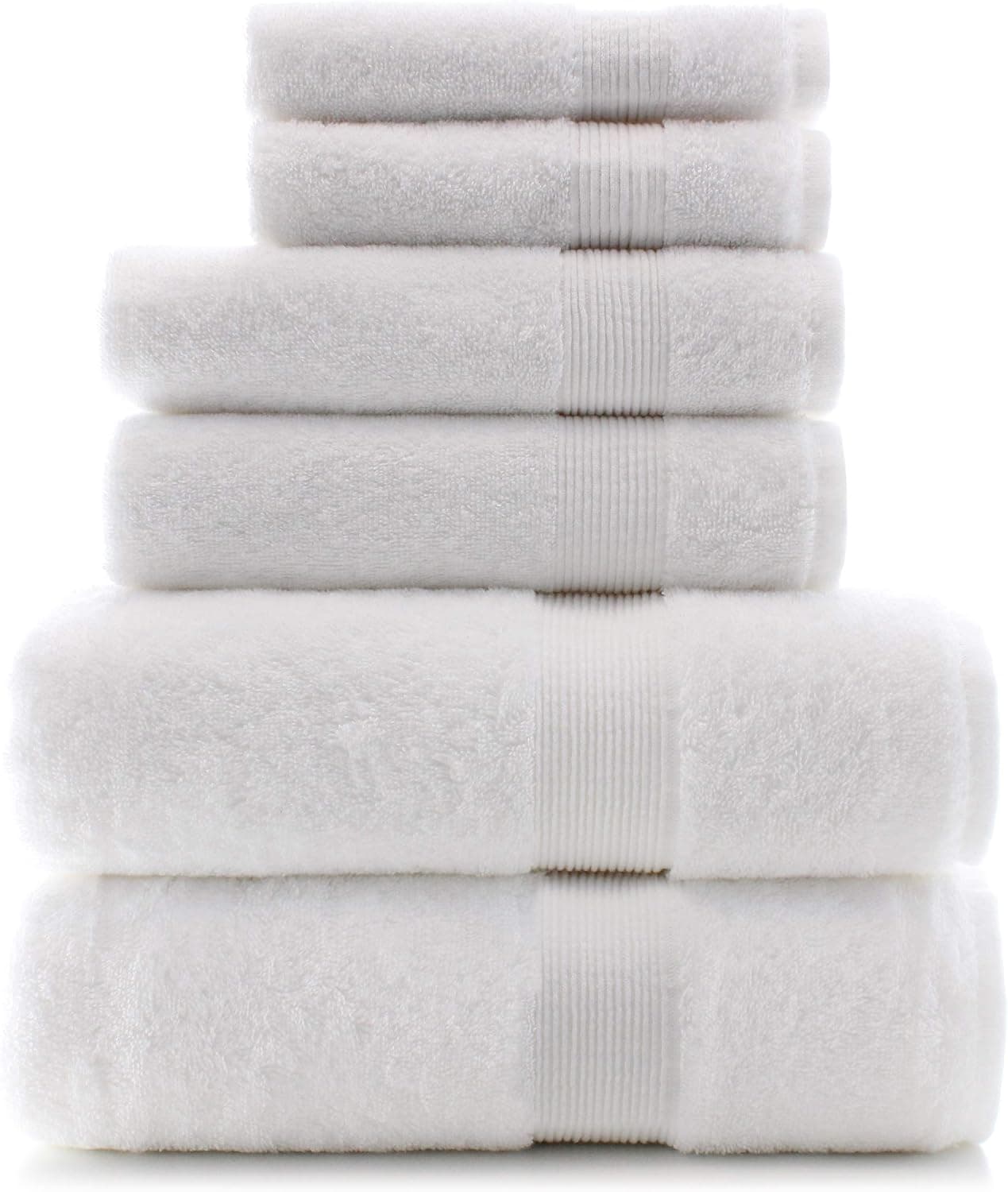 Premium Cotton Wide Turkish Lined Border Towel Set of 6 (White)