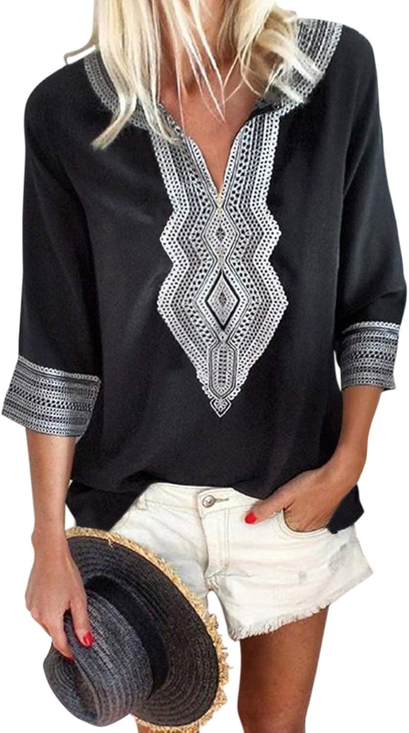 Aleumdr Women's Summer Autumn Bohemian Embroidered Tops 3 4 Sleeve V Neck Shirt Casual Blouses Black X-Large 16 18