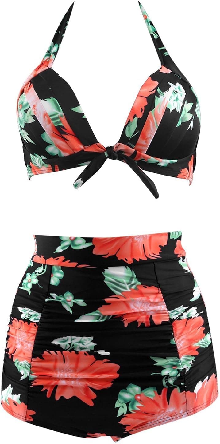 Fitglam 50s Retro Floral High Waisted Bikini Swimsuit for Women Tankini Swimwear black flower US 12-14