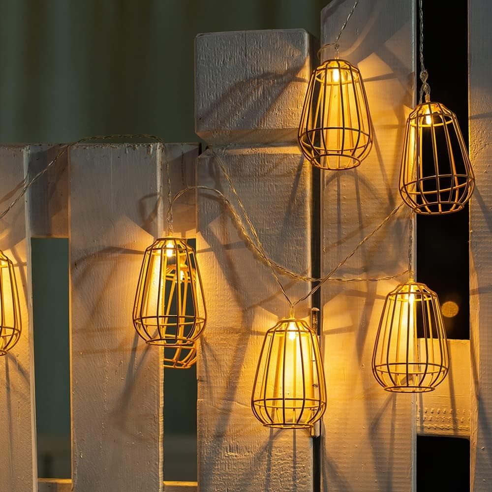 Solar Lantern String Lights - 10 Metal Lantern Bulbs Cage String Solar Lights Weather- Resistant Garden Decortaion for Home Pergola Garden Party Backyard