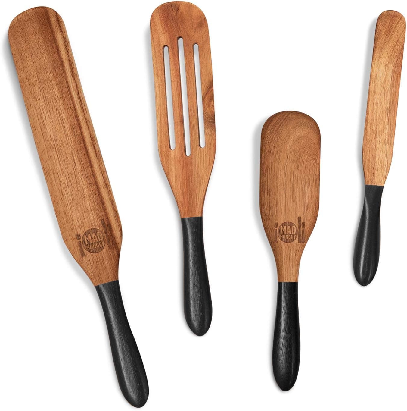 As Seen on TV, Mad Hungry Spurtle 4pc Set, Acacia Premium Wood Finish, Cooking Utensils for Non Stick Cookware, Baking, Whisking, Smashing, Scooping, Spreading, Serving and More.