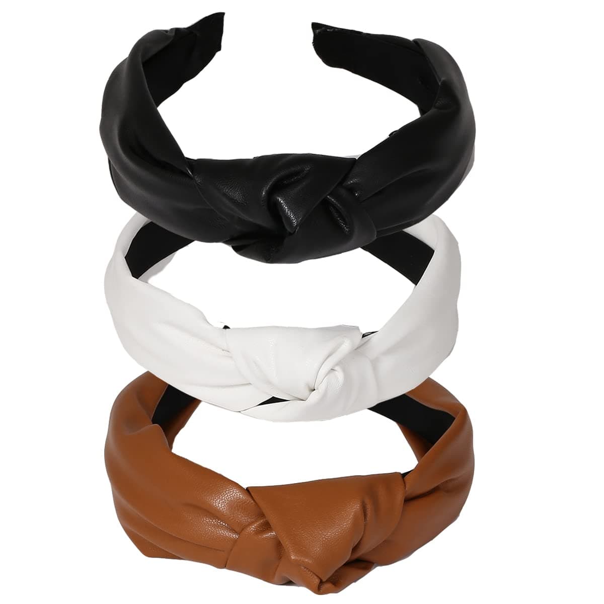 3 Pack Leather Knotted Headband Fashion Non-slip Wide Headband for Women Hairbands Hair Hoop Solid Color Soft PU Head Bands for Women Girls (3 Pack-D)
