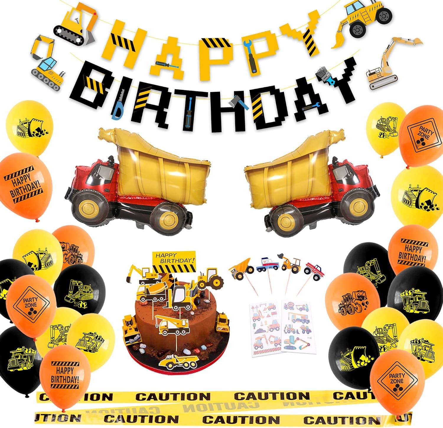 Construction Birthday Party Supplies Decorations Kit for Boys Dump Truck Birthday Party with Kids Cake Toppers, Caution Tape, Construction Banners Decorations, Balloons, Party Signs -OrightJoys