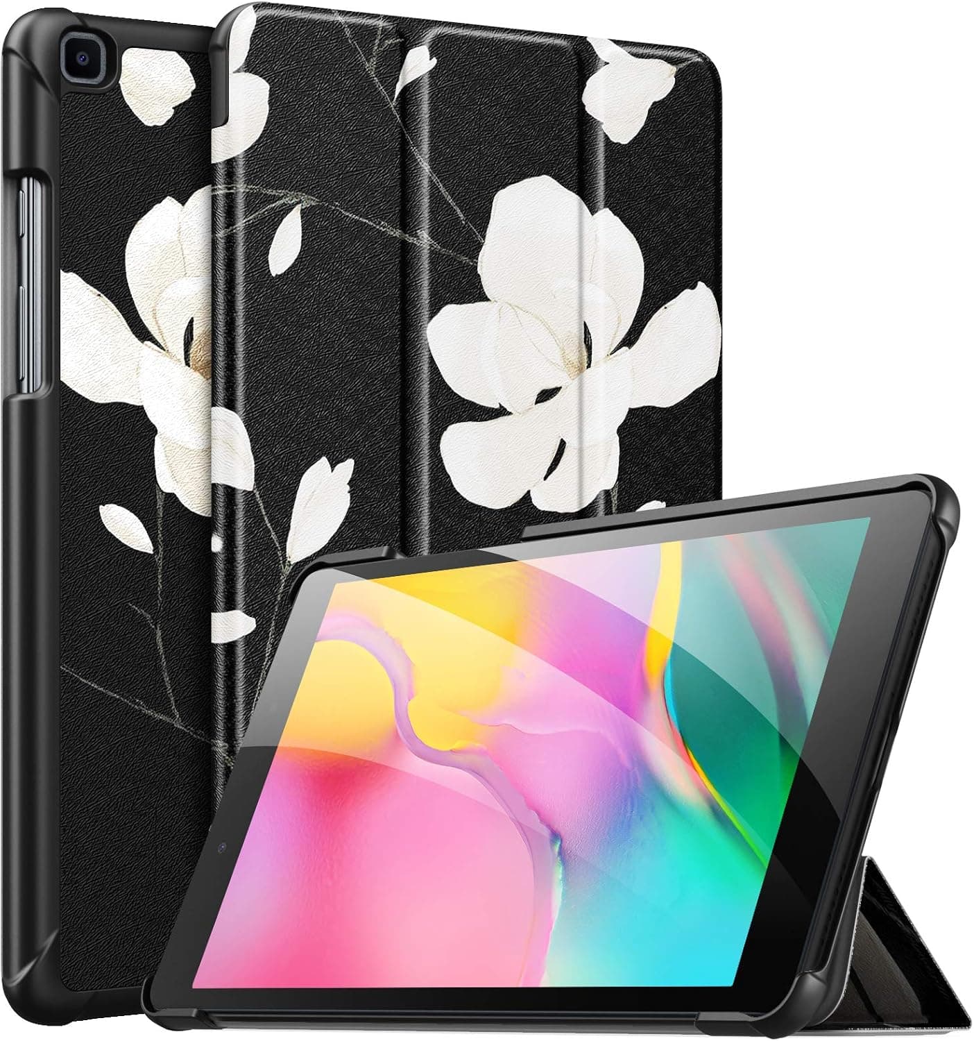 MoKo Case Fit Samsung Galaxy Tab A 8.0 T290/T295 2019 Without S Pen Model, Ultra Lightweight Slim-Shell Stand Folio Cover Case for Galaxy Tab A 8.0 2019 Release Tablet - Black & White Magnolia