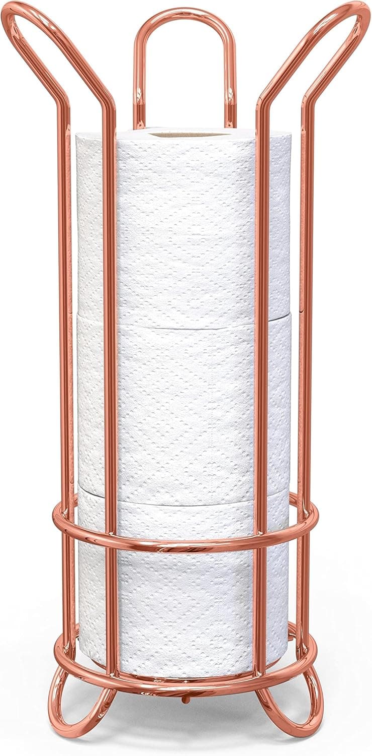 BROOKSTONE, Rose Gold Toilet Paper Holder, Freestanding Bathroom Tissue Organizer, Minimalistic Storage Solution, Stylish Design [Holds MEGA Rolls]