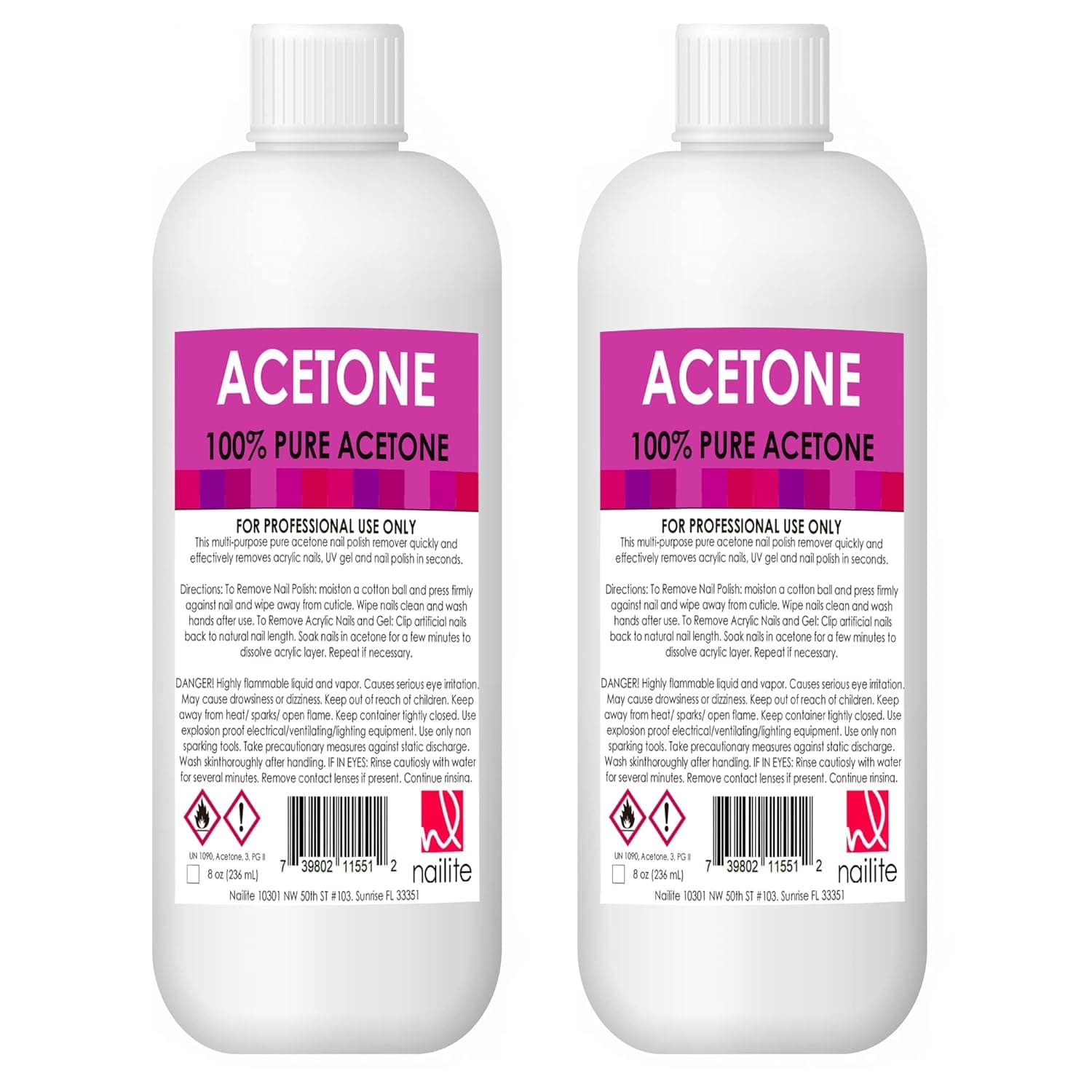 Nailite Nail Polish Remover – 100% Pure Acetone, Quick Professional Ultra-Powerful Remover, for Natural, Gel, Acrylic, Shellac Nails and Dark Colored Paints - 2 Pack (8 Fl. Oz.)