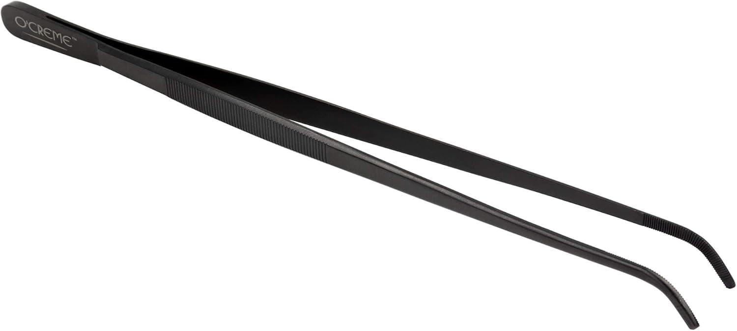 O'Creme Stainless Steel Precision Kitchen Tweezer Tongs with Serrated Tips for Gripping (10" Curved, Black)