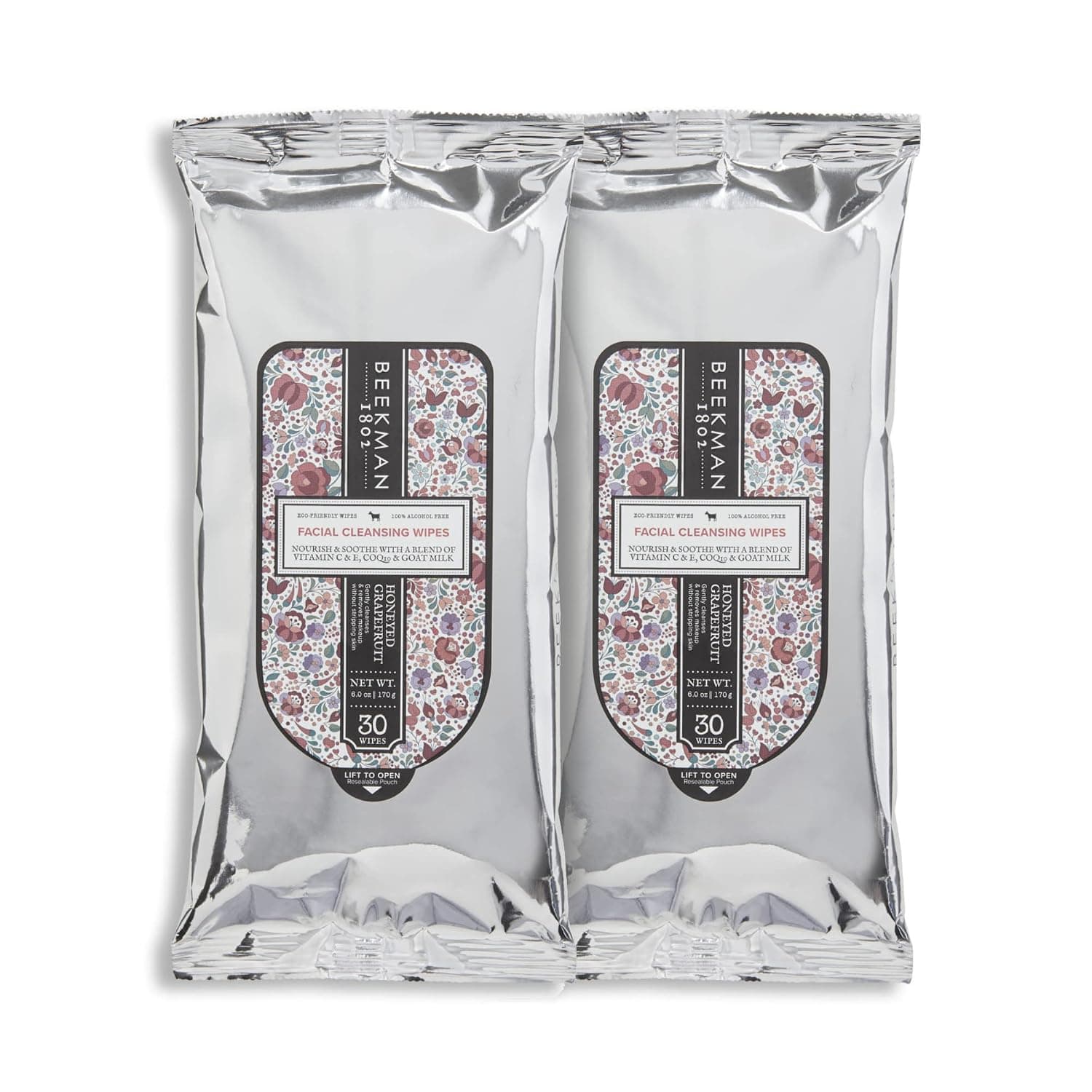 Beekman 1802 Face Wipes - 30 Count, Pack of 2 - With Goat Milk, Aloe, Vitamin E & CoQ10 - Alcohol Free, Biodegradable & Cruelty Free - 60 Total Wipes