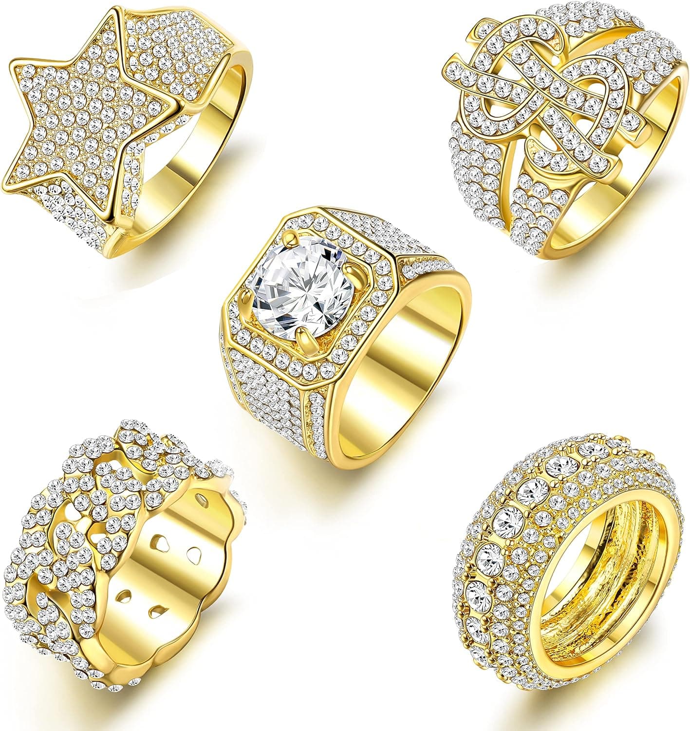 Sanfenly Men Iced Out Ring 14K Gold Plated Bling Pinky Ring Iced Out Premium Diamond CZ Star US Dollar Sign Cuban Link Punky Rappers Ring for Men Engagement Hip Hop Jewelry