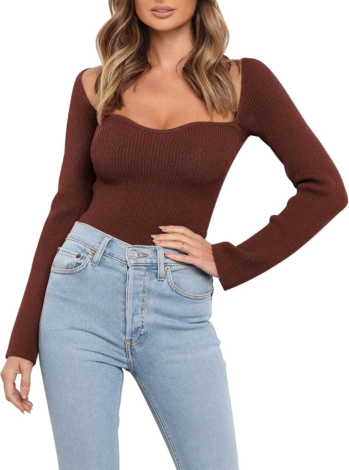 ANRABESS Womens Long Sleeve Sweetheart Neck Stretch Ribbed Knit Slim Fit Solid Crop Sweater Top