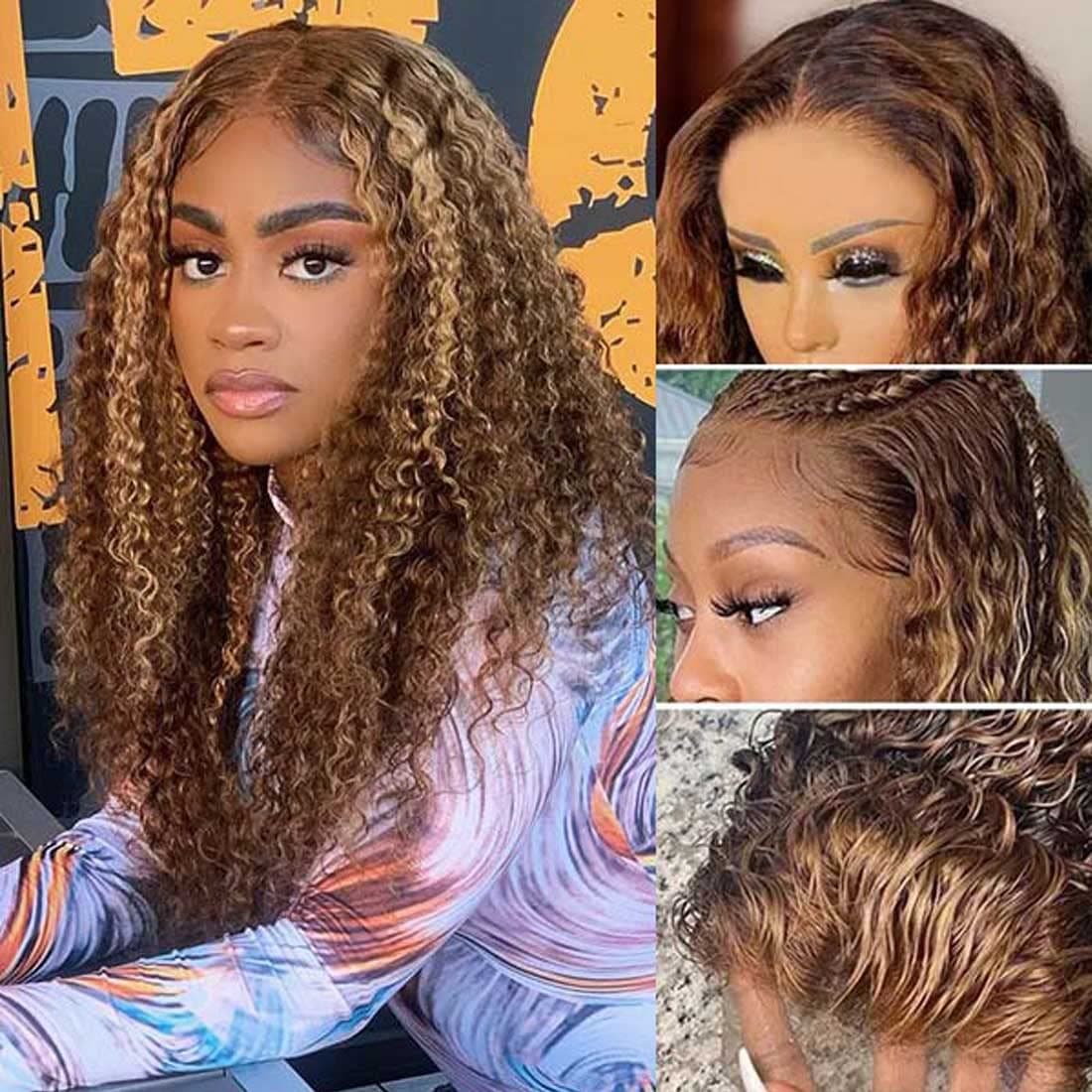 Beauty Forever #TL412 Ombre Highlight Curly 4X4 Lace Closure Wig Human Hair Wigs for Women,Jerry Curl Honey Blonde Piano Color Lace Wig Pre Plucked With Baby Hair Free Part 150% Density 14 inch