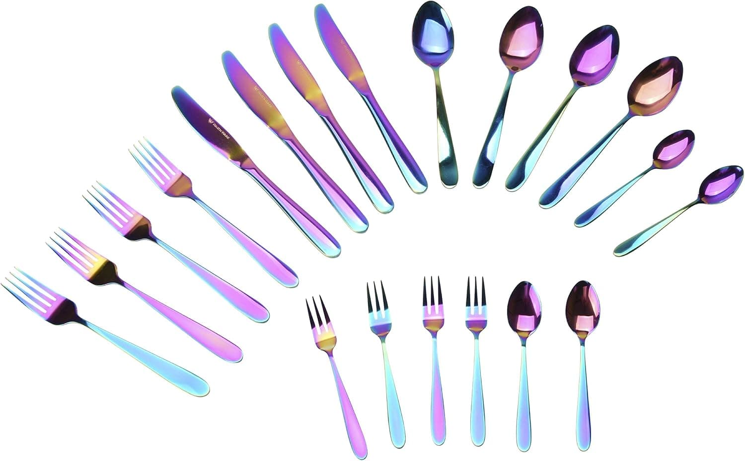 WaxonWare Stainless Steel Iridescent Flatware Cutlery (20-Piece Set) Complete Silverware Set Bundle | Forks, Knives, Spoons | Rainbow PVD Coated