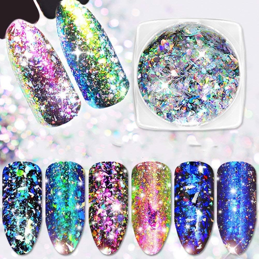 HitHopKing 3 Different 3D Nail Art Kit, Nail Art Chameleon Sequins Laser Glitter Holographic Flakes Paillette Galaxy Mirror Powder .DIY Glitter Cosmetic Size Mixing -Face, Body, Party, Festival