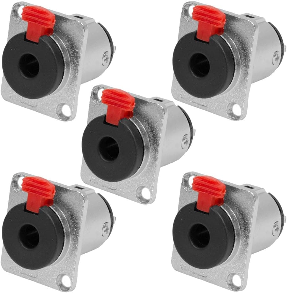 Seismic Audio - SAPT233-5Pack - 5 Pack of Locking 1/4" Female Panel Mount Connectors - Nickel Plated 3 Pole - Fits Series D Pattern Holes Pro Audio