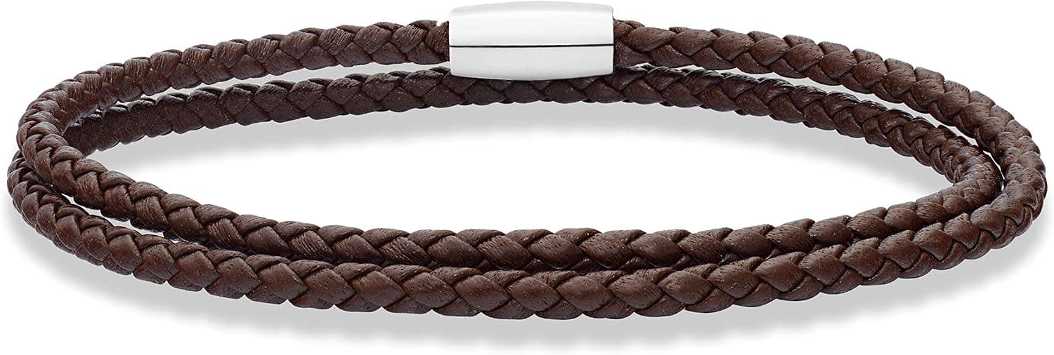 Miabella Genuine Italian Double Wrap Braided Leather Bracelet for Men Women, Stainless Steel Magnetic Closure, Made in Italy