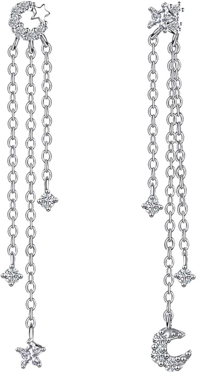 SLUYNZ 925 Sterling Silver Star Moon Dangle Earrings for Women Teen Girls Star Tassel Earrings Chain