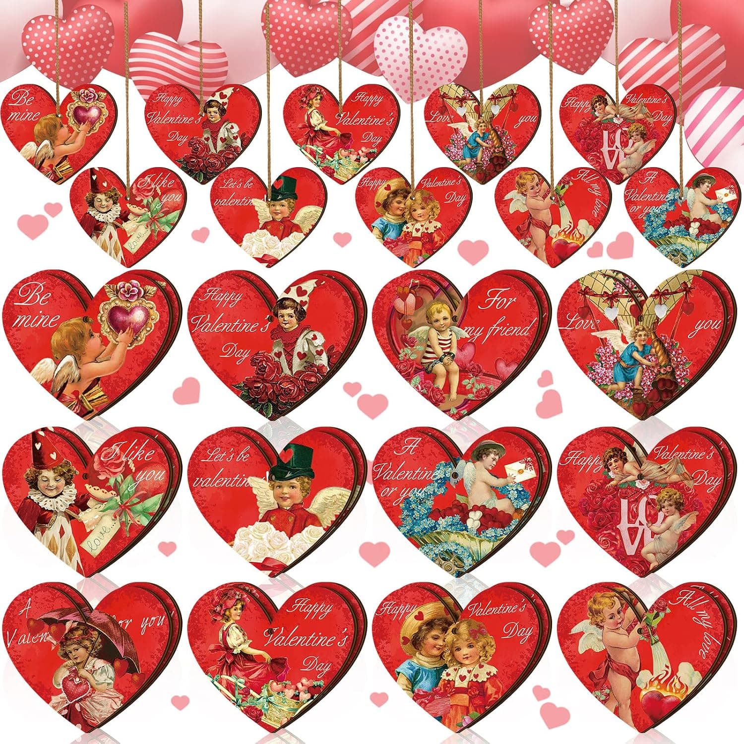 24 Pcs Valentine's Day Heart Ornaments Wooden Hanging Ornament Sweet Heart Shaped Embellishments Vintage Valentine's Day Hanging Gift for Valentine's Day Wedding Party Decorations (Lovely Style)
