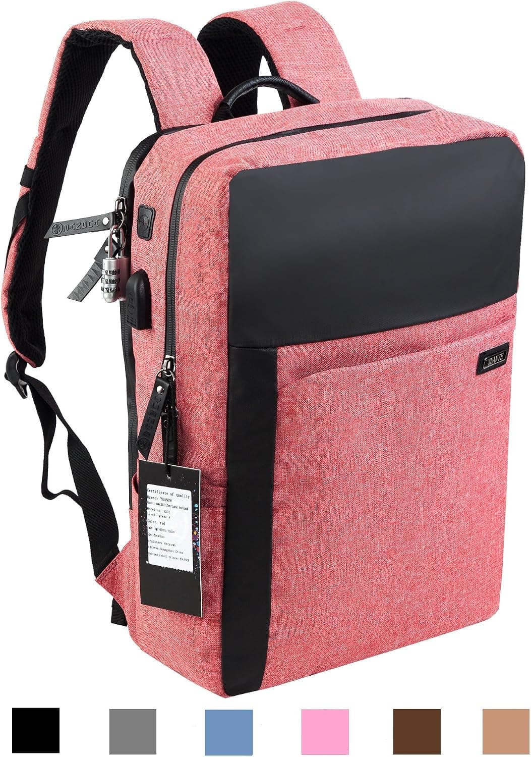 YUANYE Business Water Repellent Nylon Laptop Backpack with USB Charging Port and Lock Fits 15.6 Inch Laptop（RED）
