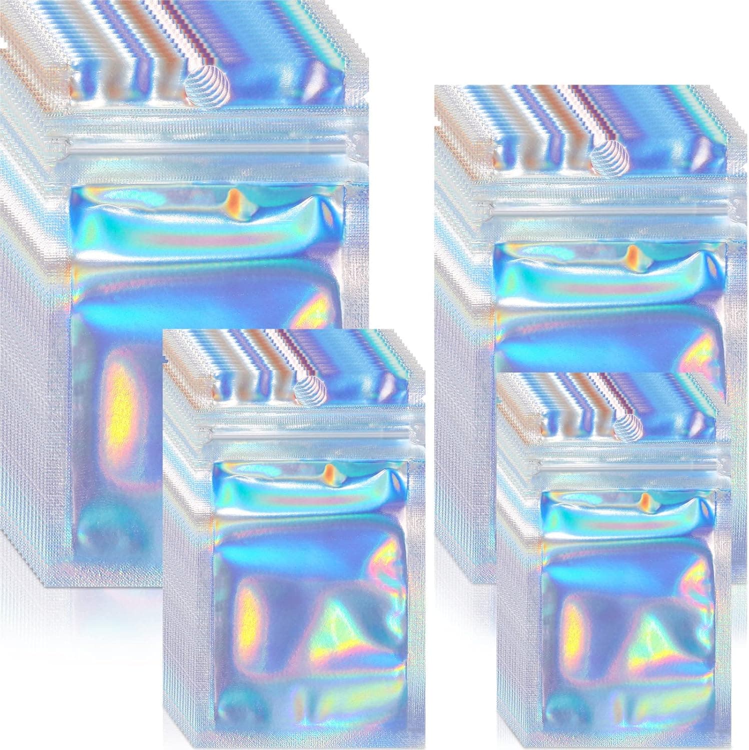 400 Piece Plastic Bags 4 Sizes Self Sealing Sealable Treat Bags for Packaging Food Storage Pouch for Sample Cookies Jewelry (Round Hole, Holographic Color)