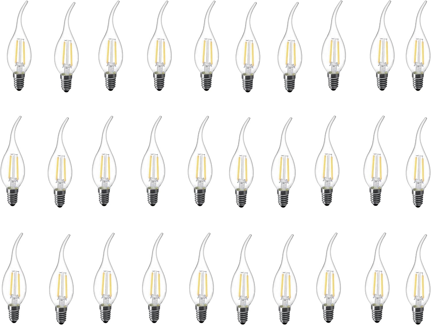 LUXON Flame tip LED Filament Candelabra Light Bulb Warm White 2W 2700k Use in Chandeliers,Wall Sconces,and Pendant Light (Pack of 30)