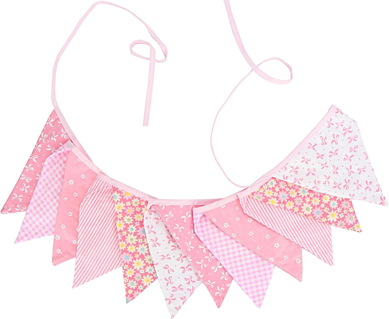 INFEI 3.2M/10.5Ft Vintage Floral Fabric Flags Bunting Banner Garlands for Wedding, Birthday Party, Outdoor & Home Decoration (Baby Pink)