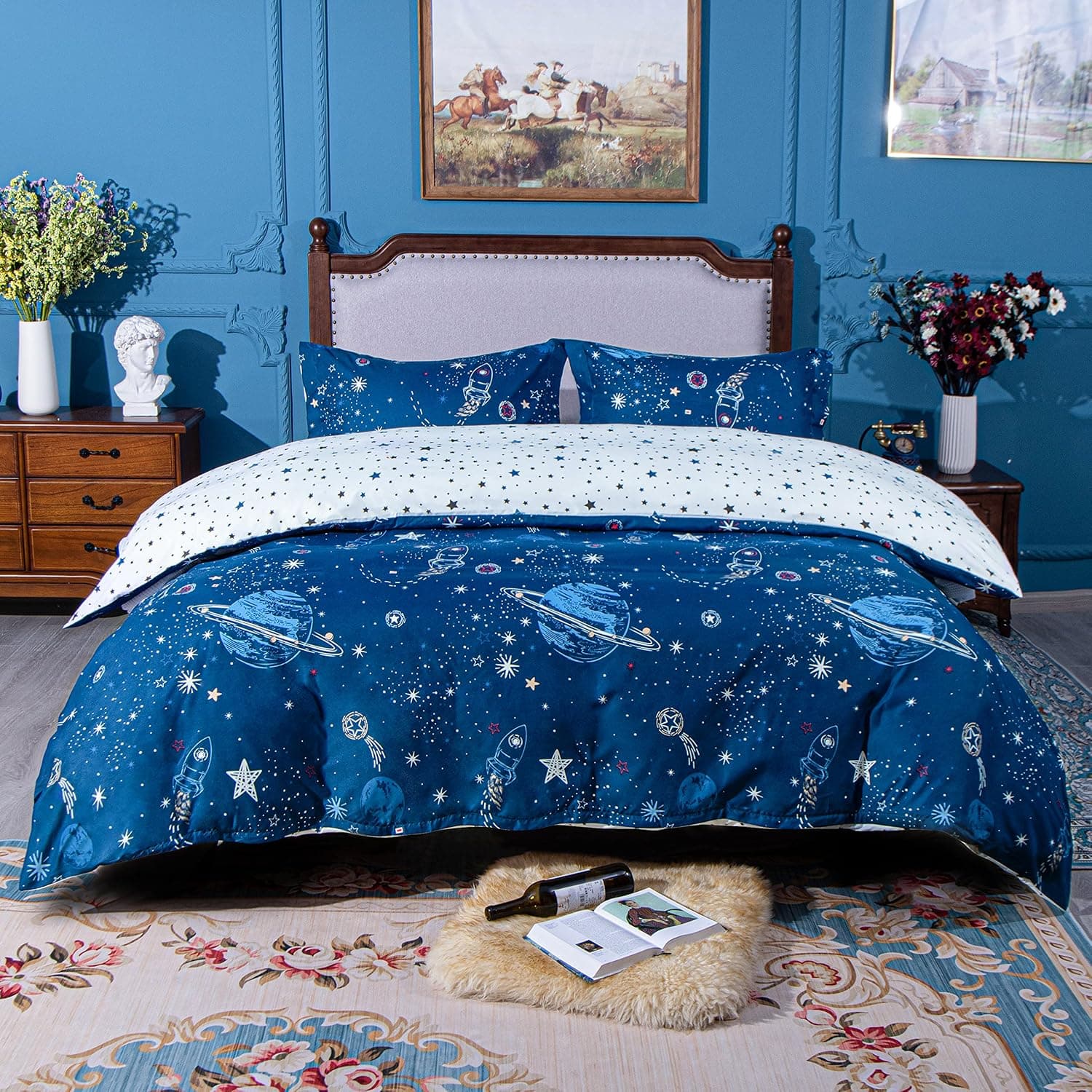 NTBAY Microfiber Twin Duvet Cover Set, 2 Pieces Ultra Soft Starry Sky Printed Comforter Cover Set with Zipper Closure and Corner Ties, Blue and White