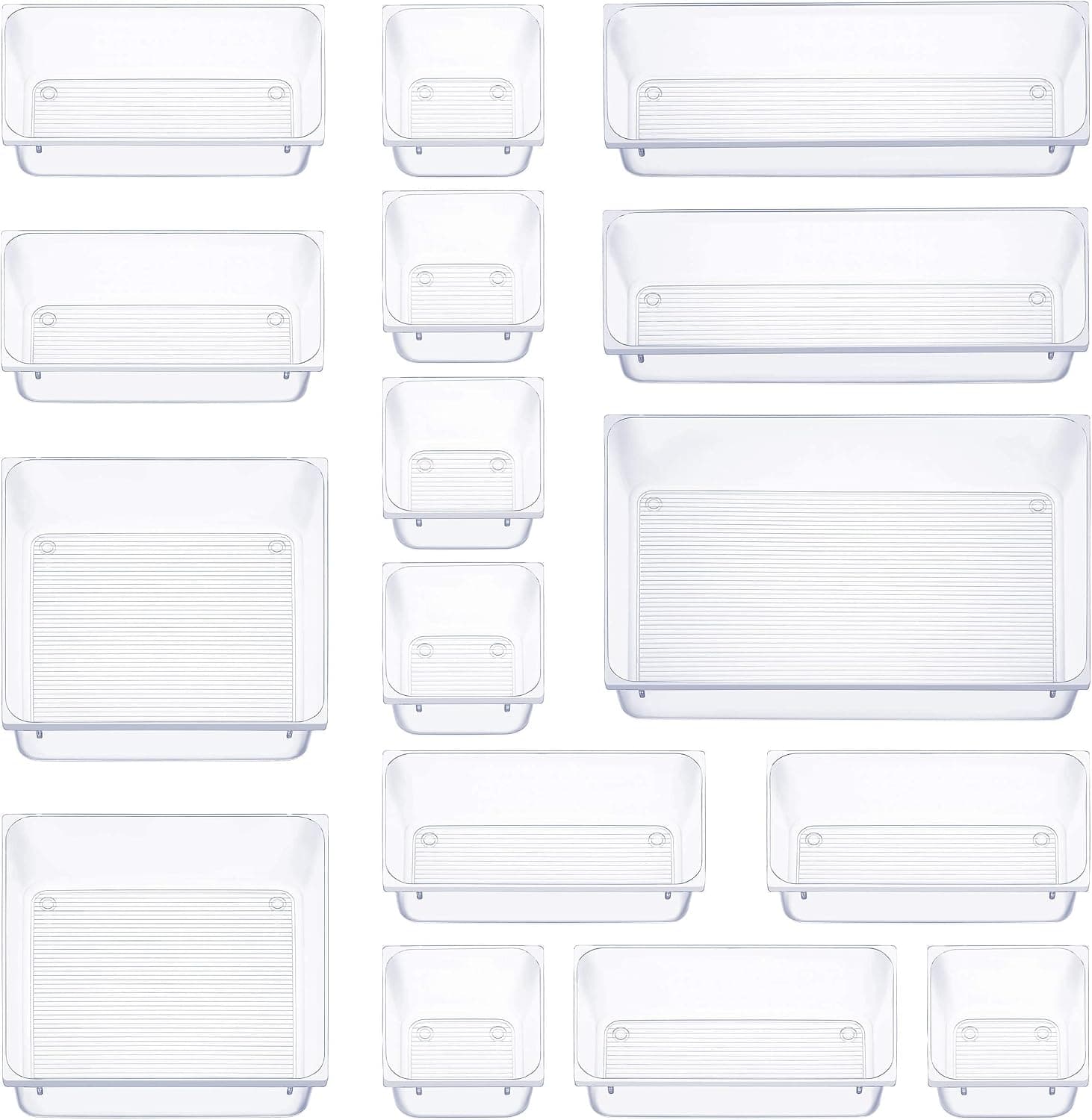16 Pcs Drawer Organizer Set Dresser Desk Drawer Dividers - 5 Size Bathroom Vanity Cosmetic Makeup Trays - Multipurpose Clear Plastic Storage Bins for Jewelries, Kitchen Gadgets and Office Accessories