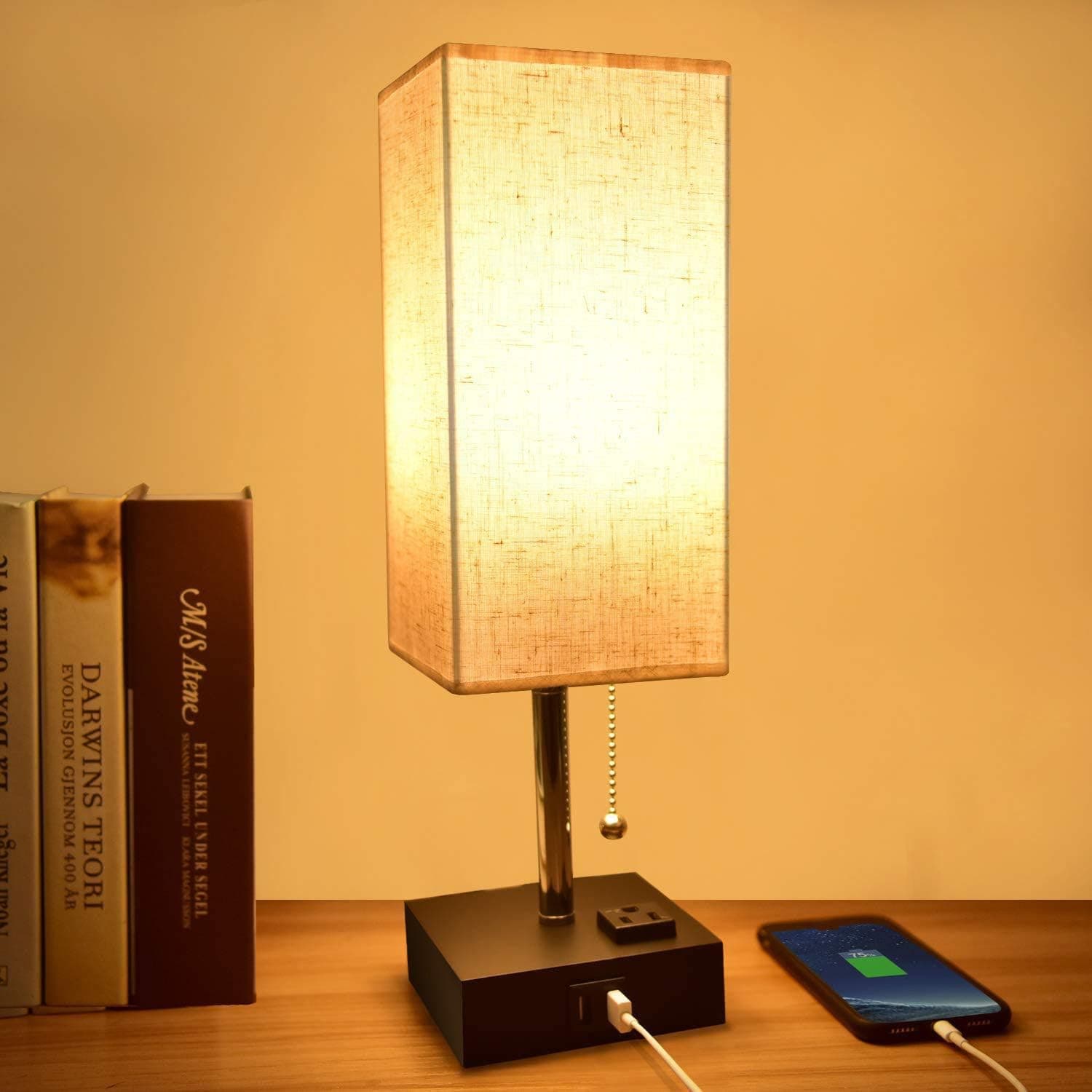 comzler USB Table Lamp, Small Lamp Bedside Lamp with USB Port to Recharging Your Devices,Warm LED Bulb Included,Ambient Light, Fabric Shade, Nightstand Lamp Perfect for Bedroom