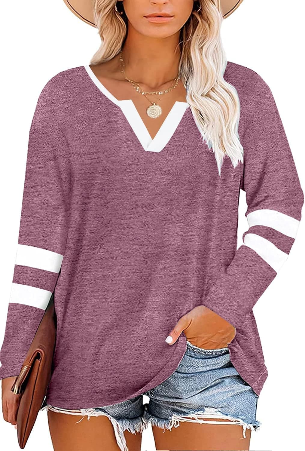 MYHALF Plus Size Tops for Women Long Sleeve Shirts V Neck Striped Oversized Sweatshirt Casual Tunics Tee Shirt