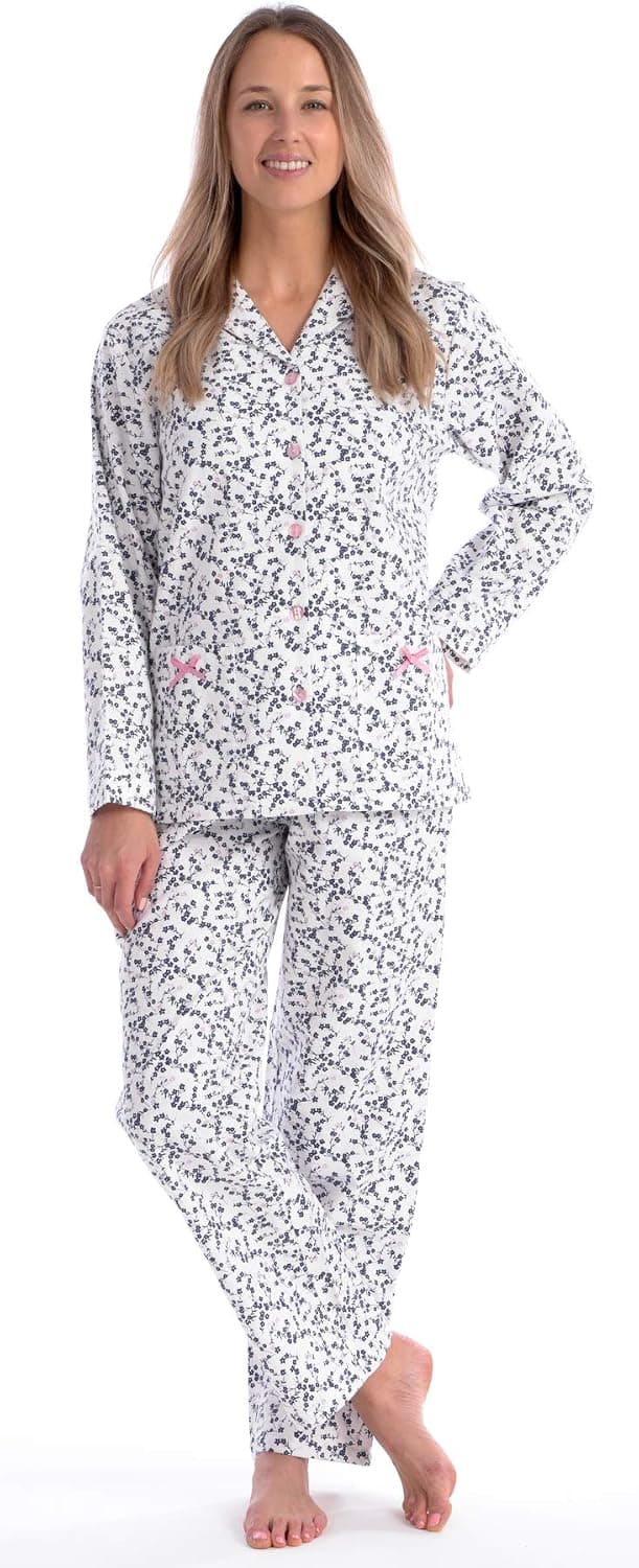 Patricia Lingerie Women's Premium Soft Cotton Flannel Print Long Sleeve Buttoned Pajama 2 Piece Set (Pink /Grey Floral Print, L)